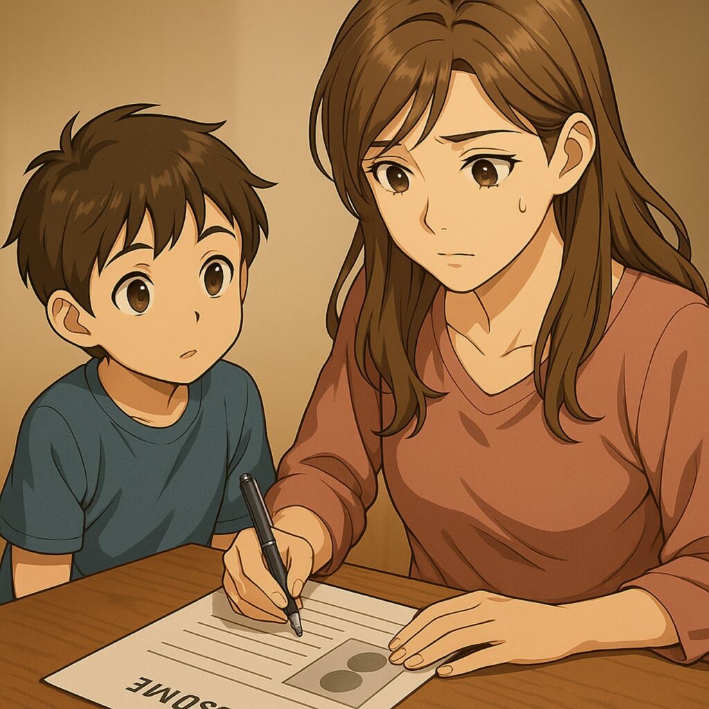 履歴書を書く母